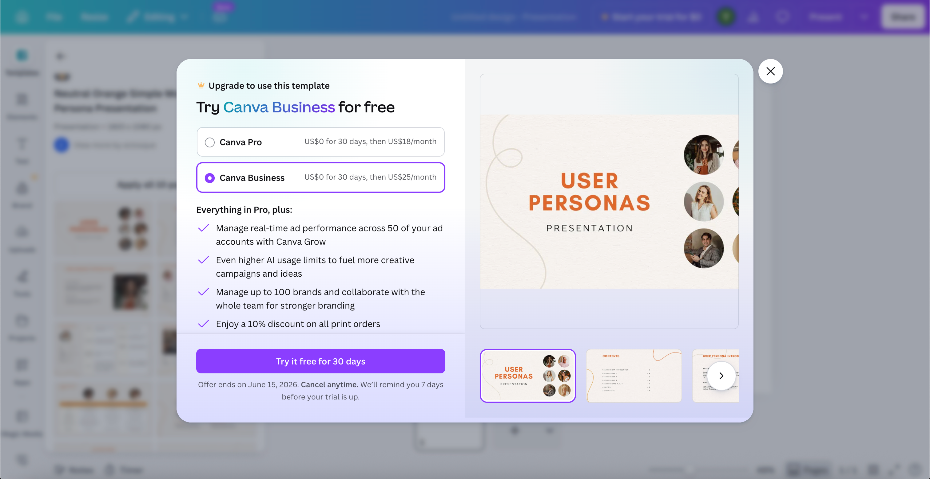 Canva upgrade modal reference