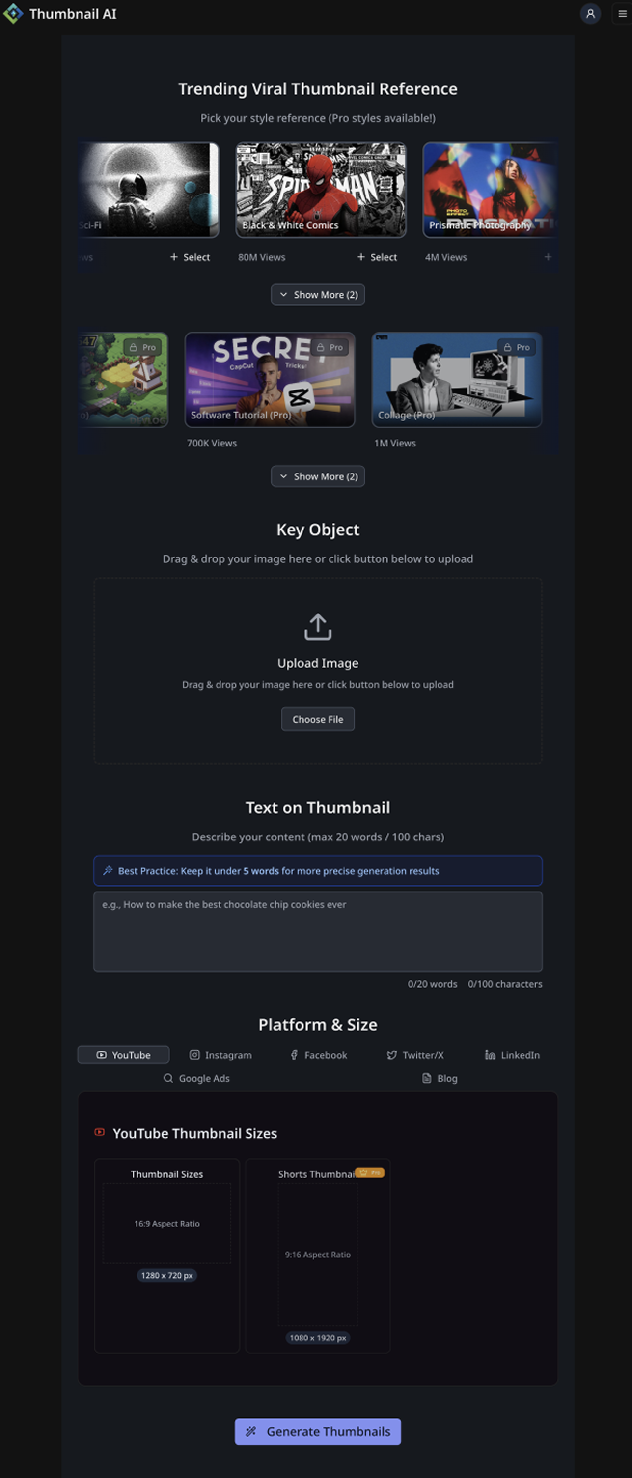 Original Thumbnail AI creation page — long vertical form
