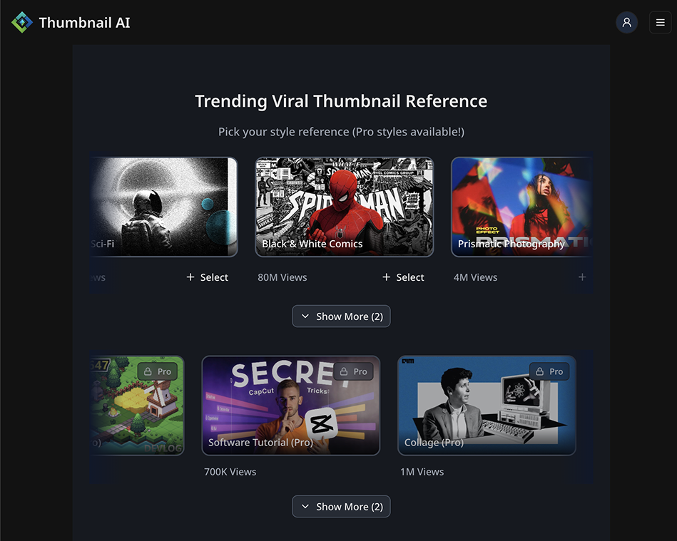 Original Thumbnail AI template grid — separated Free and Pro browsing
