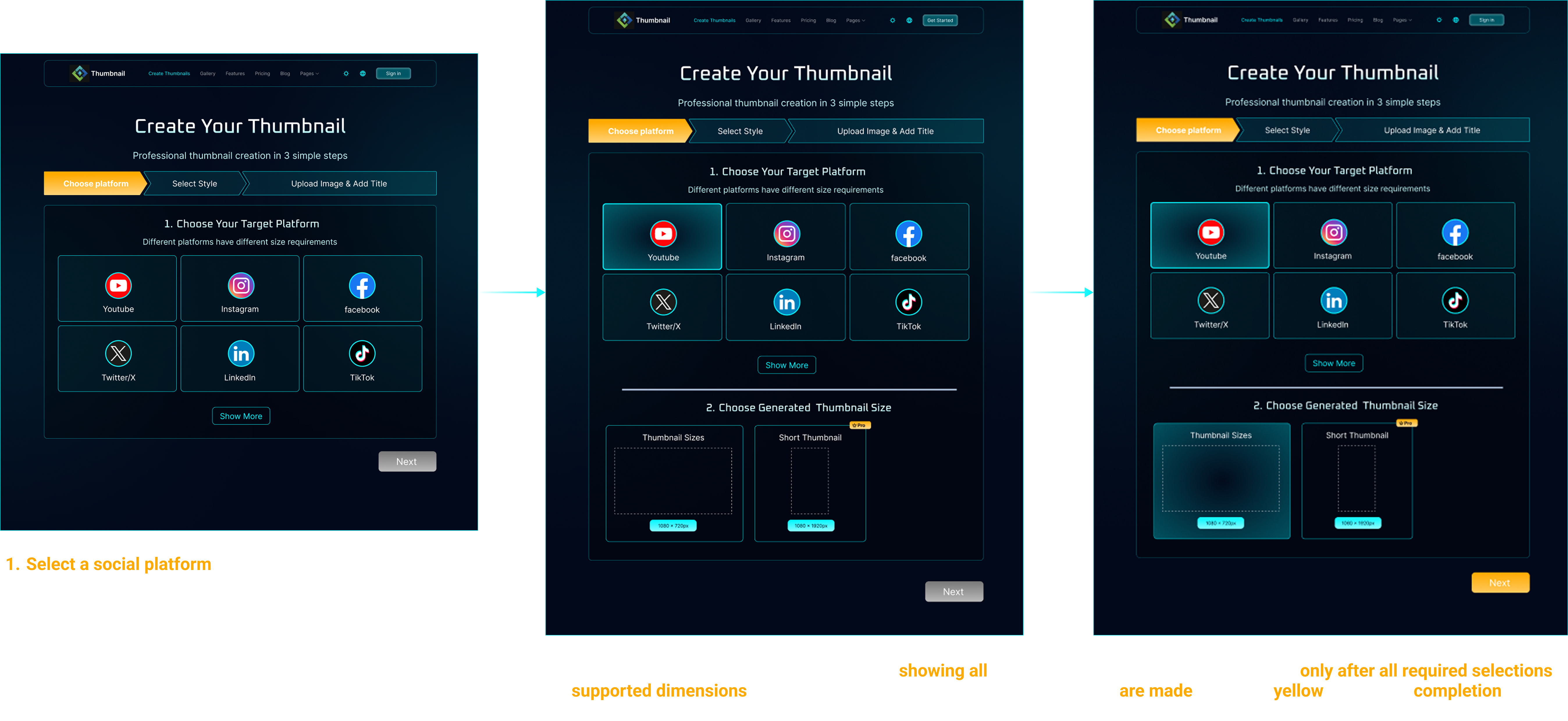 Thumbnail AI platform-first step — choose platform and size