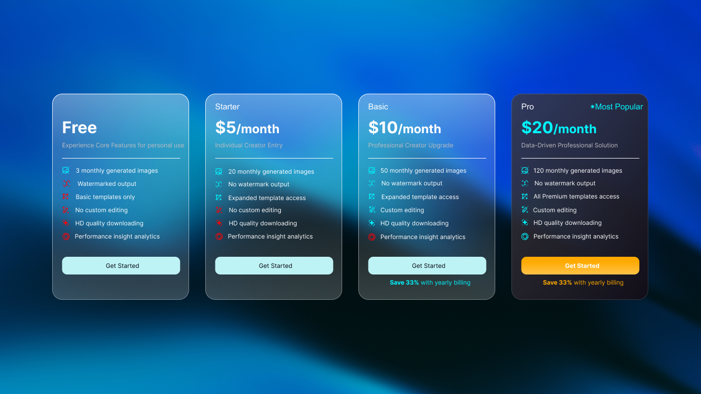 Refined Thumbnail AI pricing cards — plan comparison and upgrade clarity