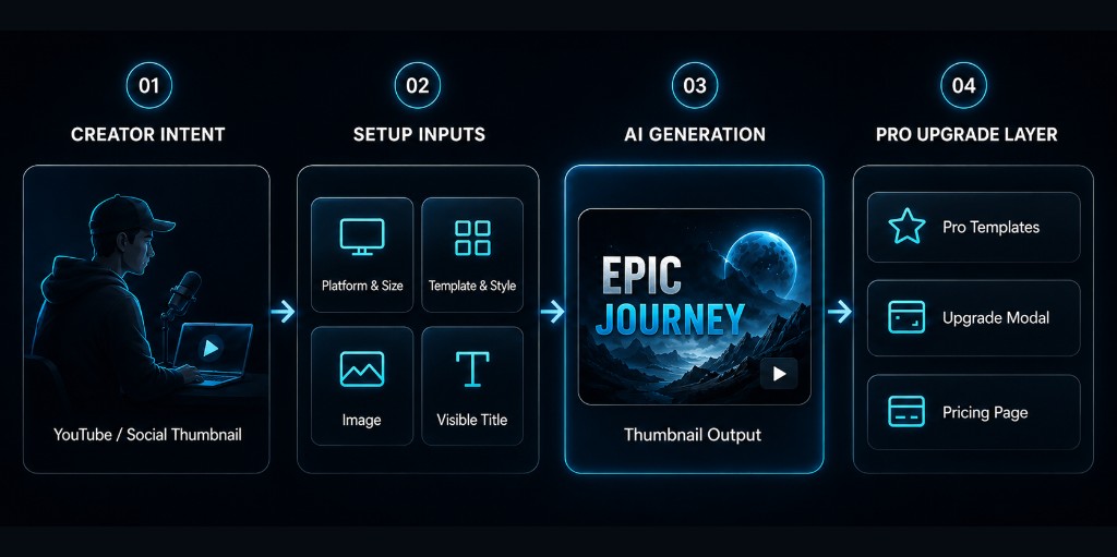 Thumbnail AI workflow: creator intent, setup inputs, AI generation, and Pro upgrade layer.